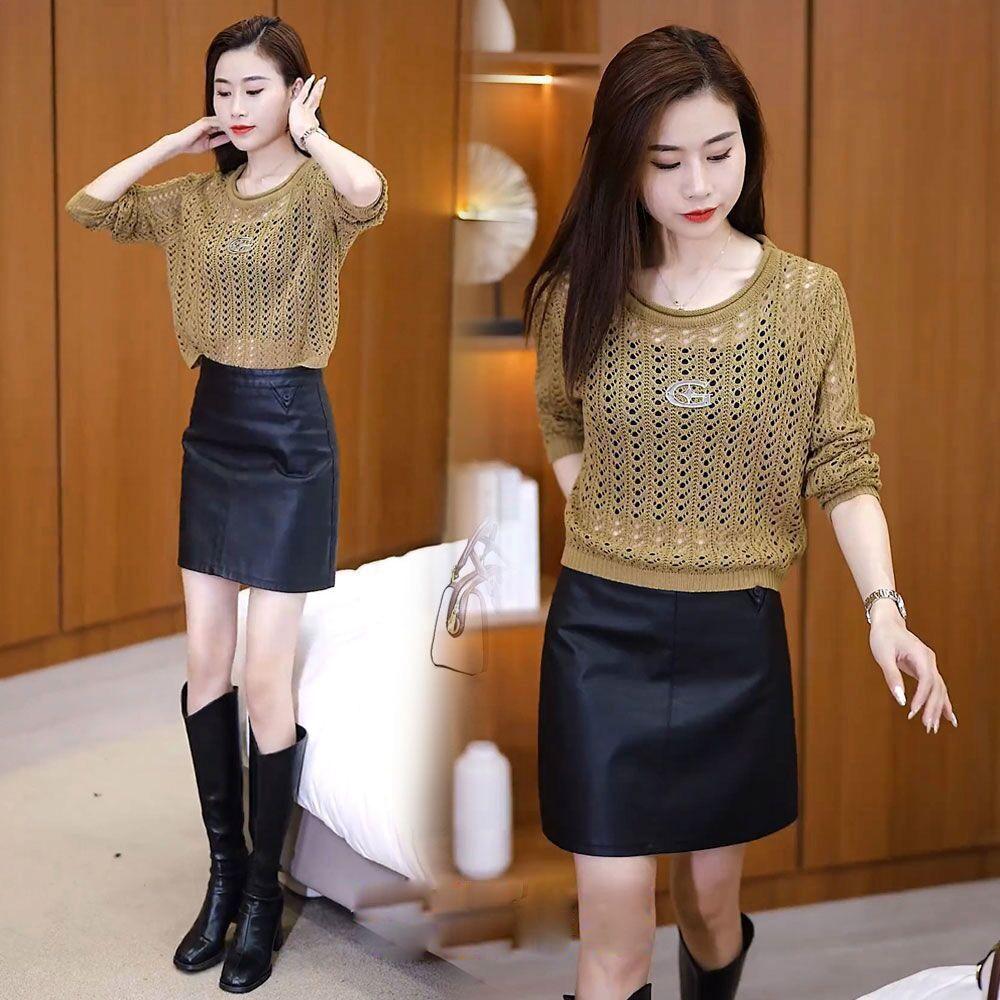 Fashionable Hollow Out Knitted Sweater for Women Versatile and Slimming Long Sleeved Round Neck Hooded Top