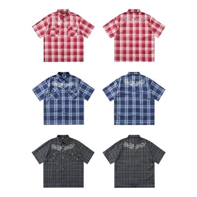 West Coast Chicano Gangster Style Embroidered Plaid Workwear Shirt