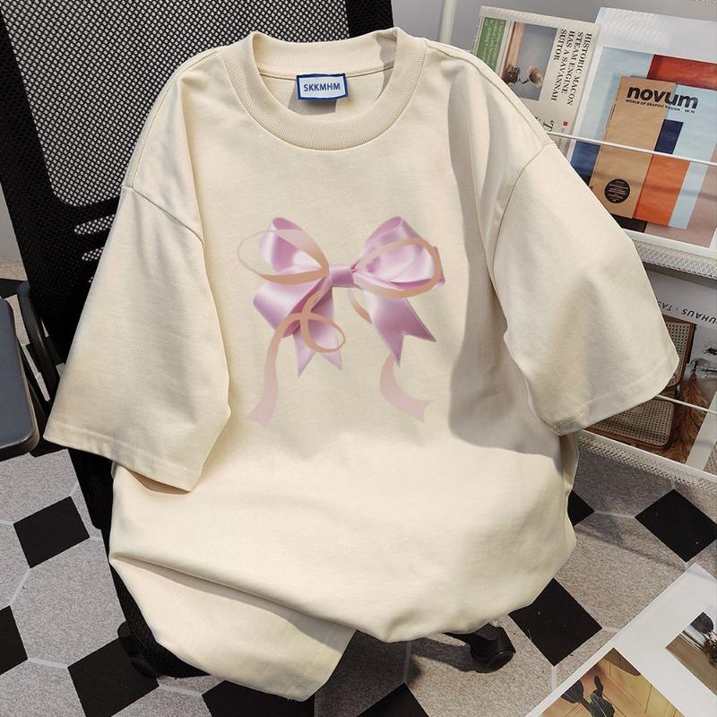 

Женская футболка с короткими рукавами и милым бантом, летняя свободная повседневная женская футболка, модная универсальная простая футболка XXXL абрикосовый