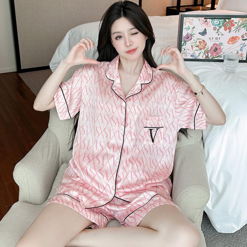 Premium Silver Powder Cartoon Ice Silk Pajamas Women'S Summer Short-Sleeved Loose And Comfortable Loungewear Set