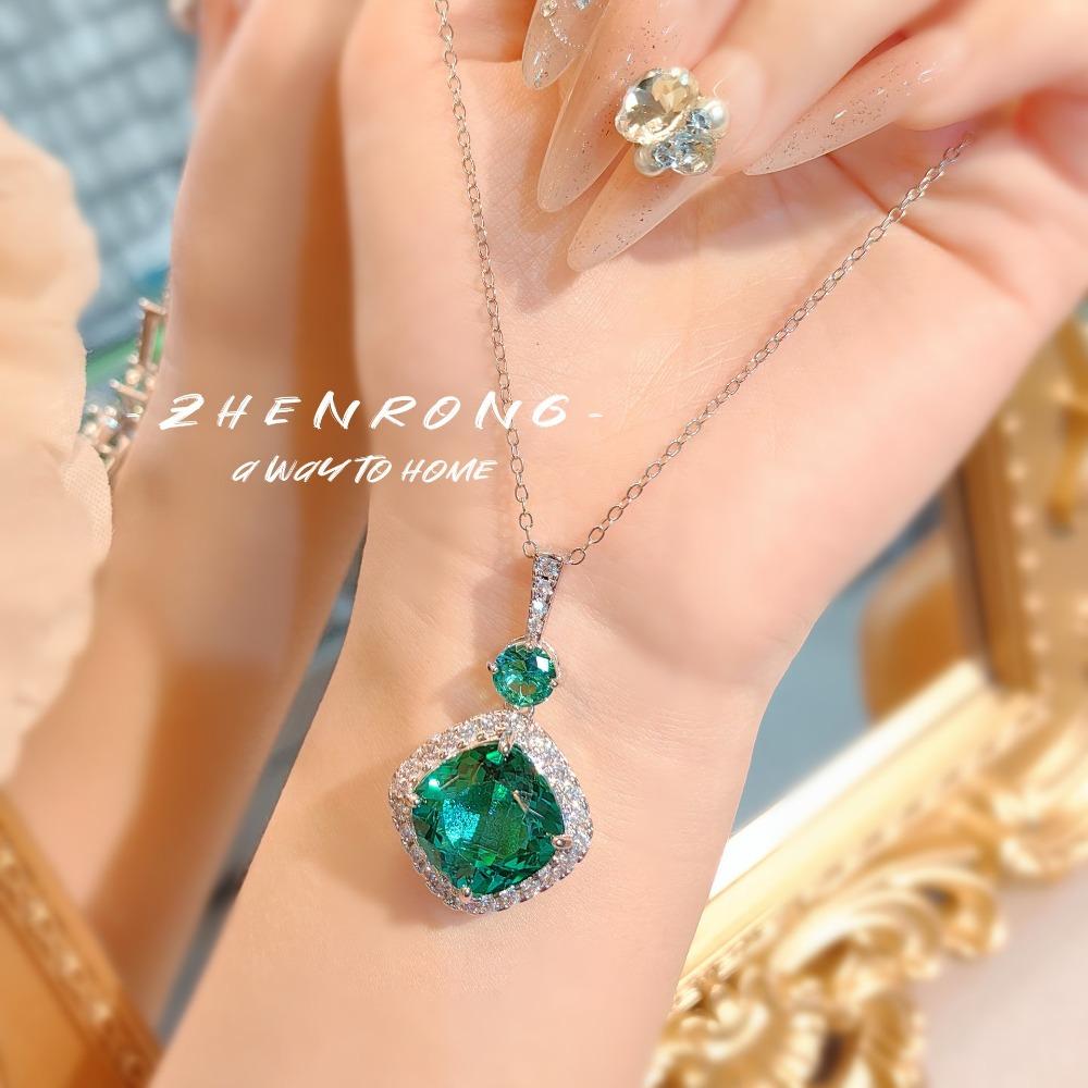 Royal Blue Sapphire Pendant Necklace Earrings Set with Paraiba Ring Green Diamond Jewelry for Women