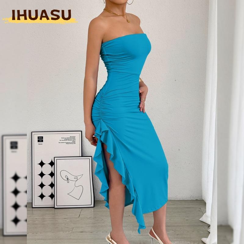 IHUASU Women's Fashion Summer Spring Solid Color Print Sleeveless Casual Dresses
