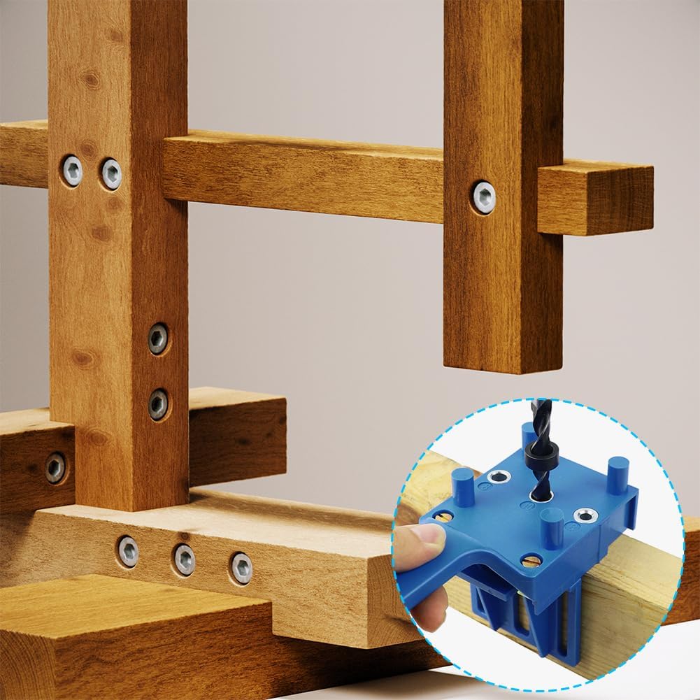 Wood Doweling Hole Drill Guide, 6 8 10 mm Dowel Jig Kit Handheld Self Centering Pocket Straight Hole Puncher Saw Tools Set Metal Sleeve Pins Bit for