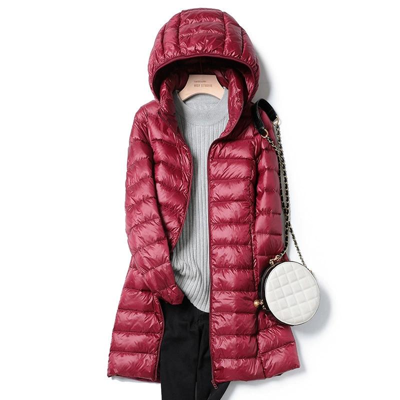 Winter Women Slim Down Coats Remove Hooded Parka Solid Color Female Long Light Thin Outerwear Lady Fashion Warm Puffer Jackets