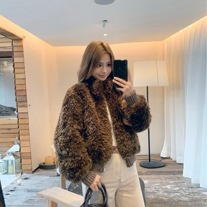 Womens Faux Fur Trim Knit Rib Loose Stand Collar Coat 2026 Winter Warm Outerwear