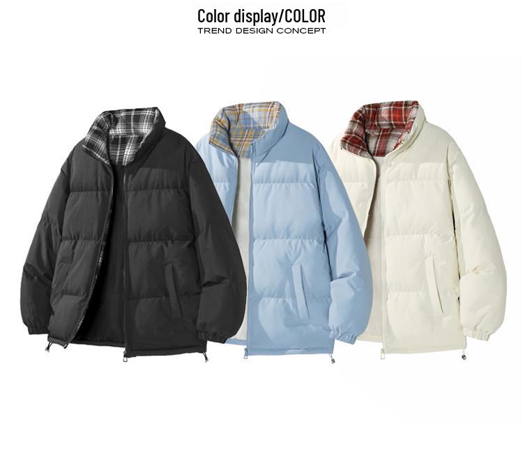 Men's Black Plaid Patchwork Stand Collar Cotton Puffer Jacket - Winter Warm Outerwear