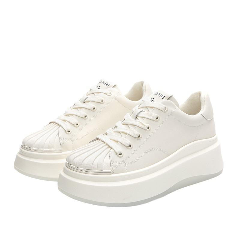 Small Height-increasing Women's Shoes Shell Head Real Soft Leather Thick-soled Little White Shoes Women's 2025 Spring and Autumn New Sports and Leisur