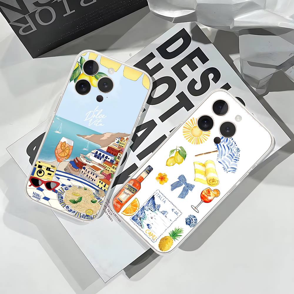 Seaside Scenery Wine Lemon Phone Case For IPhone 17 16 15 14 Plus 13 12 11 Pro Max Phone Back Cover Transparent Shockproof Cover