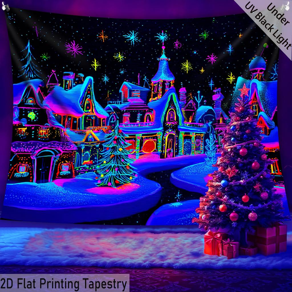Christmas Dreamy Snow Fluorescent Tapestry Outer Space Polyster UV BlackLight Tapestry, Wall Hanging For Living Room Bedroom Office Home Decor
