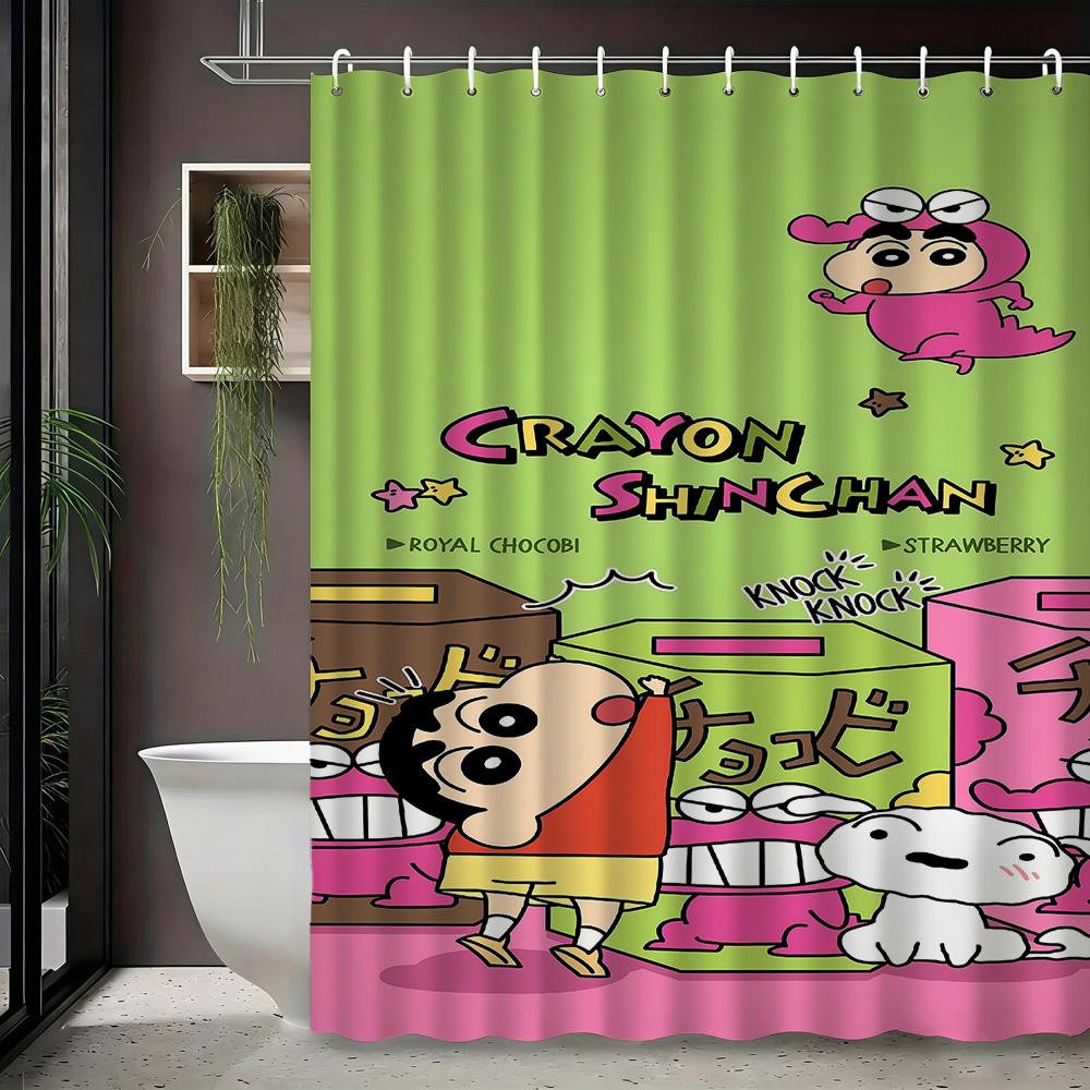 Crayon Shin-Chan & Shiro Best Friend Flying Scene 2D Print Waterproof Shower Curtain, Sweet Pink With Clouds & Daisies Bathroom