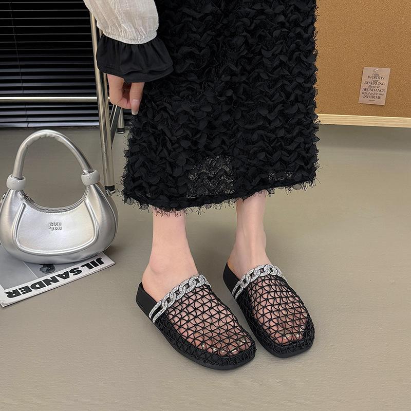 

Baotou hollow mesh half-drag women s shoes summer new fashion temperament lace rhinestone beach cool slippers 40 чорний