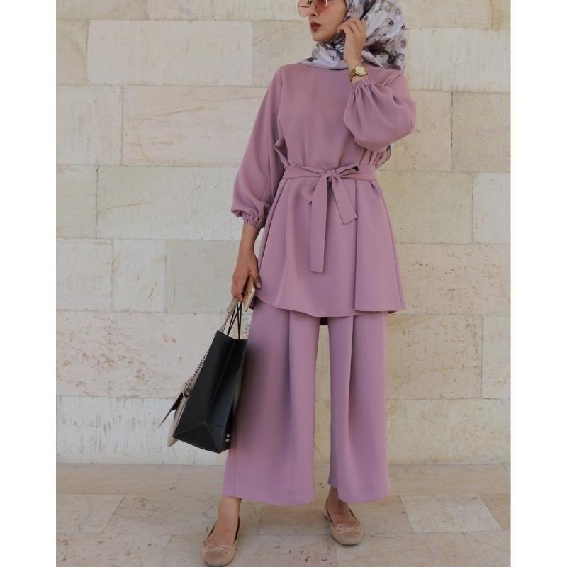 Women's Puff Sleeve Belted Blouse Wide Leg Pants Set Solid Color Casual Two Piece Outfit Islamic Modest Suit