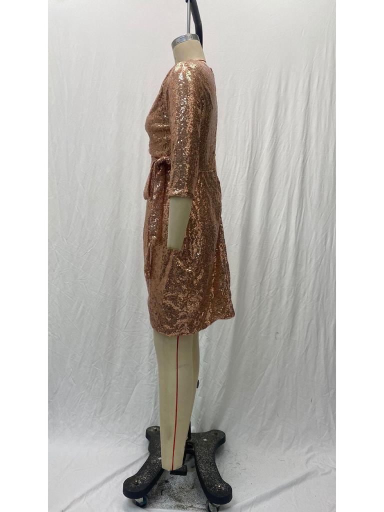 Sexy Long-Sleeve Sequin V-Neck Tie-Up Dress