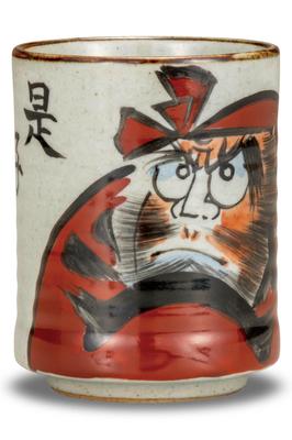 Waza No Kura: Stylish Kutani Ware Teacup with a Large Daruma Design. A Great Gift for a 60th Birthday.