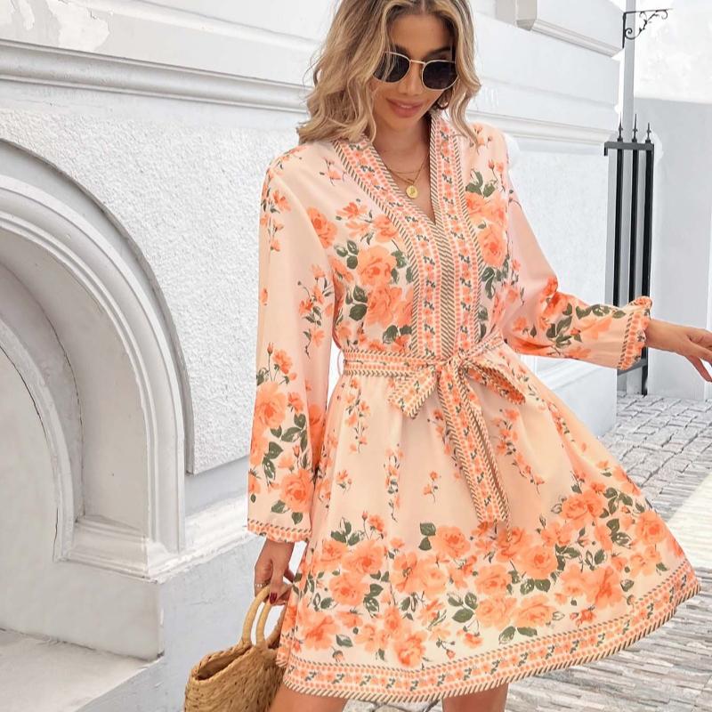 Elegant Vintage Floral Print Women's Dresses Fashion Lantern Sleeve A Line Casual Dress for Women Summer Lace-up High Waist V Neck Short Dress 26167