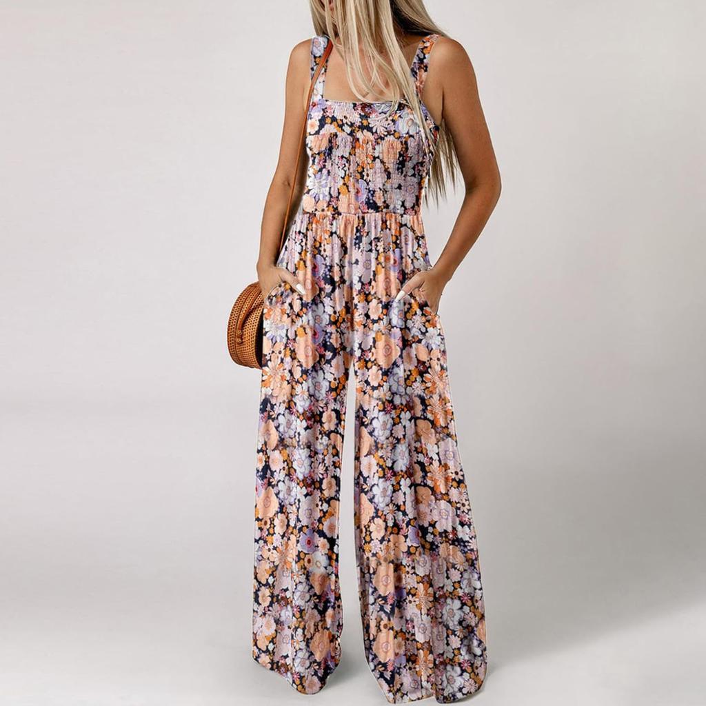 Jumpsuit mit weitem Bein und Hosenträgern, plissierten Schultergurten, bedruckter Tasche und Hosenträgern für Damen