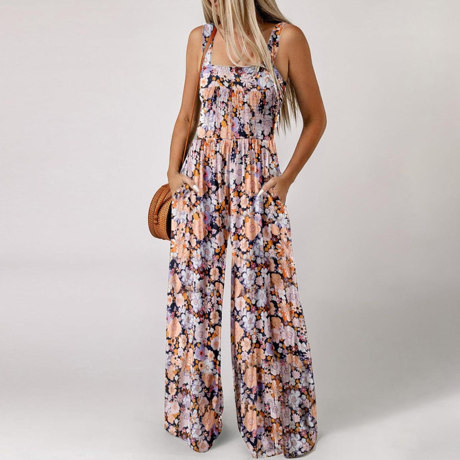 

Women s Suspender Pleated Shoulder Straps Printed Pocket Wide Leg Jumpsuit XL шафрановий