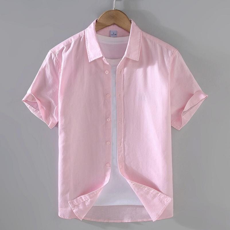 

Summer Men s Linen Short-sleeved Shirt Men s Square Collar Casual Cotton and Linen Shirt Linen Solid Color Half-sleeved Top 3XL рожевий