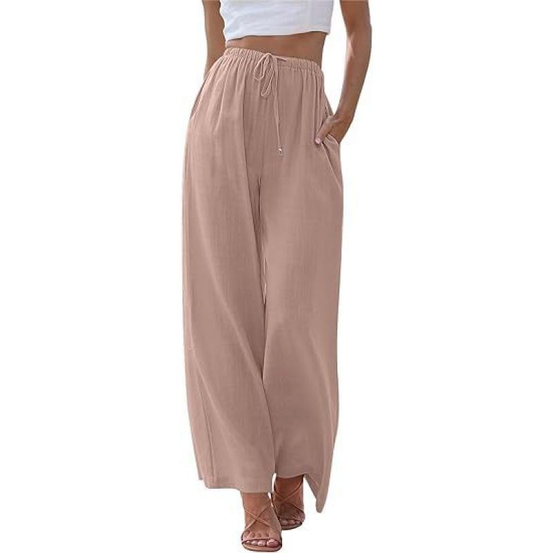 Women Pants Casual White High Elastic Drawstring Baggy Pants Streetwear Solid Color Cotton and Linen Wide Leg Trousers
