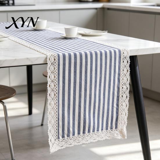 Striped Table Runner Runner, Lace Trim Cotton Linen Tea Rustic Farmhouse for Home Dining Decor Entryway