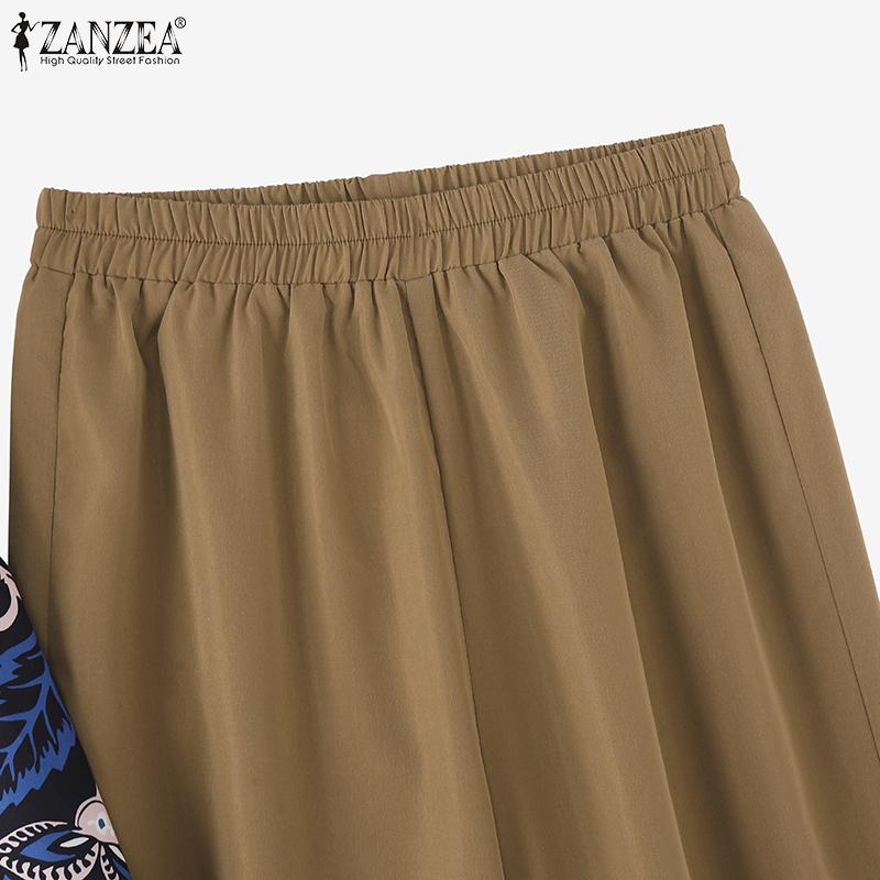 ZANZEA Women Spring Shirt Collar Long Sleeve Printed Shirt Straight Pants Two Piece Sets