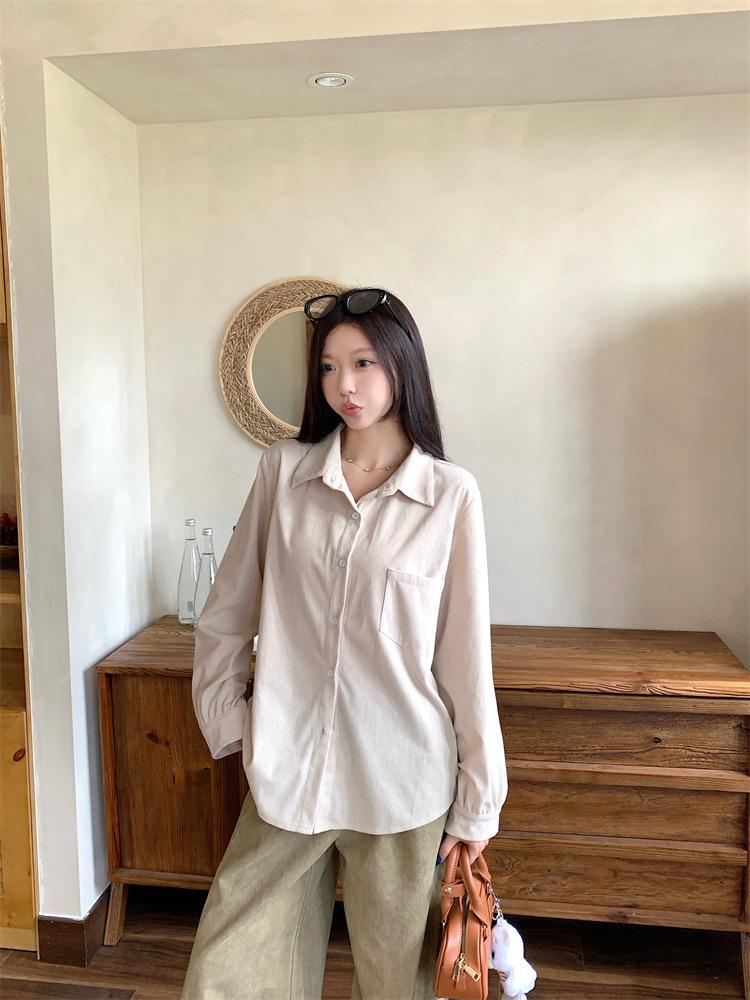Plus Size Women's Retro Corduroy Shirt - Casual Long Sleeve BF Style for Spring & Autumn