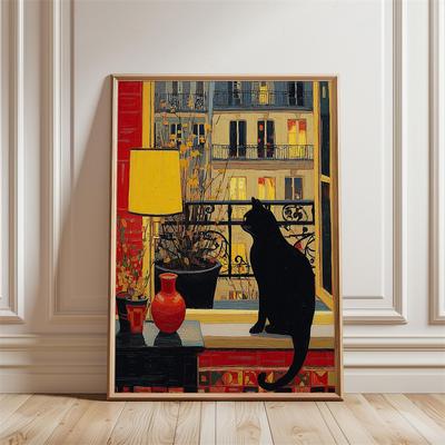Schwarze Katze Paris Fenster Druck Stadtansicht Wandkunst Poster Schwarze Katze Paris Wohnung Kunstdruck Vintage Ballons Wanddekor Leinwand