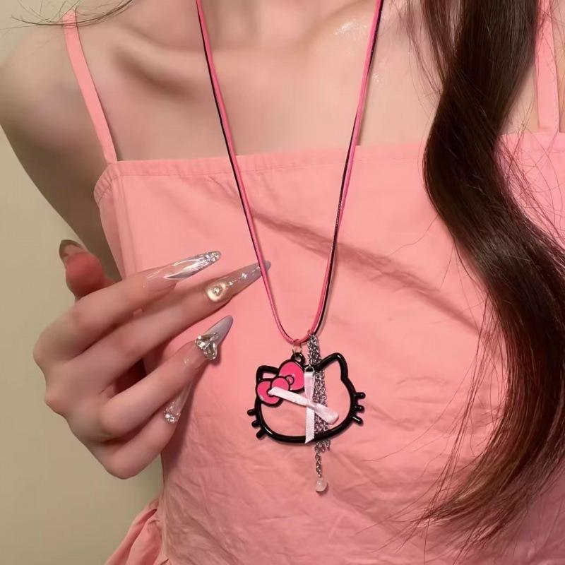 Wax Rope Bow Kitten Pendant Necklace Sweet Versatile Collarbone Chain Simple Fashion High Sense Jewelry Women