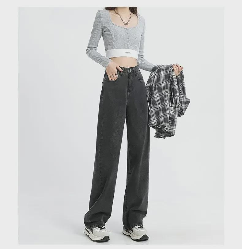 Women's High Waist Plush Wide-Leg Jeans: Thick, Loose, and Versatile for Spring, Autumn, and Winter.