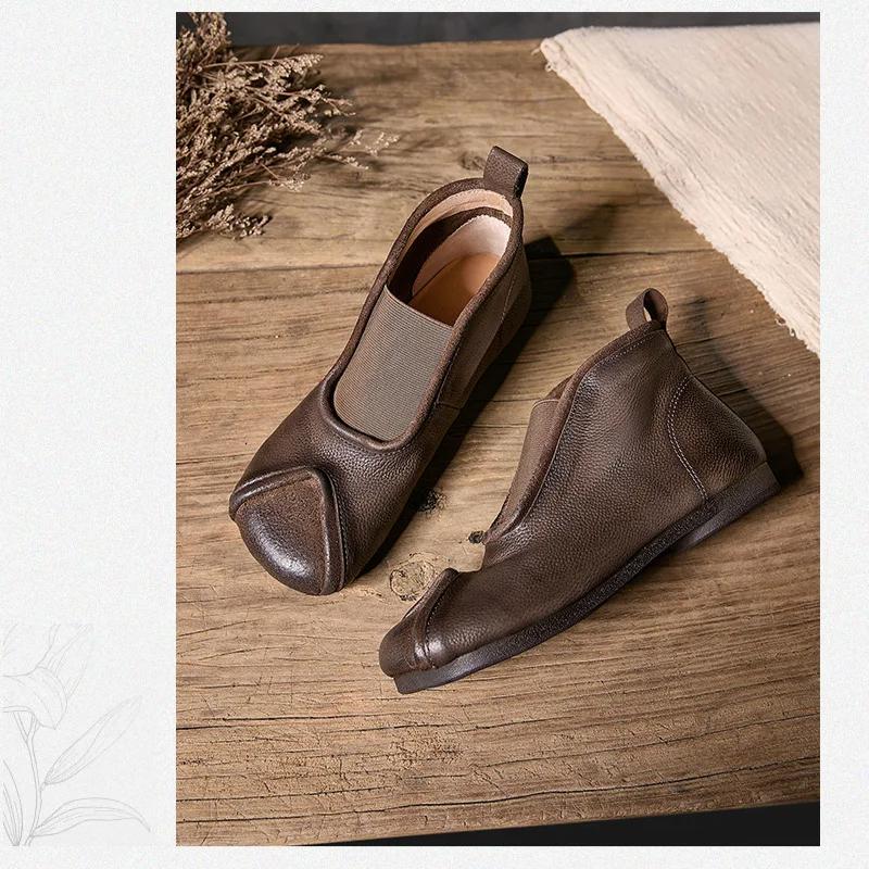 Johnature Handmade Vintage Genuine Leather Flat Ankle Boots Round Toe Soft Cowhide Women's Slip-on Shoes