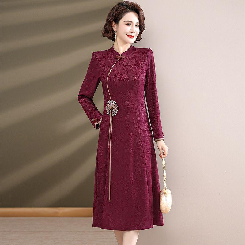 Autumn Mid-Length Embroidered Dress for Middle-Aged Women