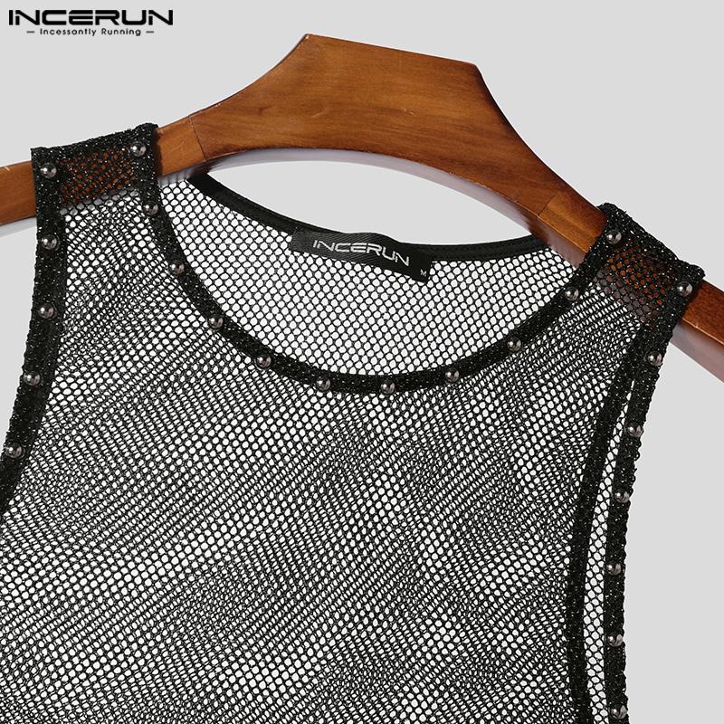 INCERUN Débardeurs T-shirts Transparents en Maille Ajourée Sans Manches pour Homme
