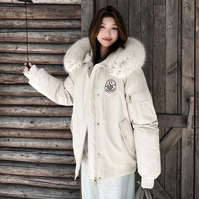 Women's Winter Hooded Cotton-Padded Parka with Stand-Up Collar and Badge Design