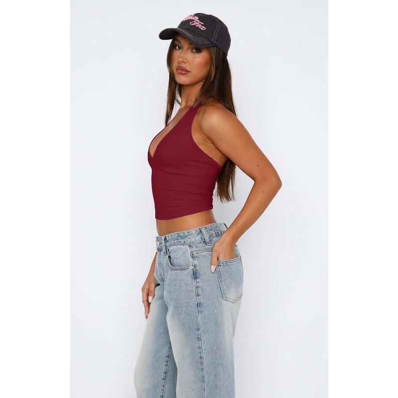 Women Sexy Halter V Neck Slim Fit Backless Cami Tank Top
