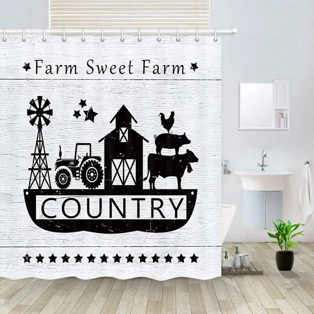 Farmhouse Shower Curtain Rural Farm Houses Windmill Tractor Cow Pig Chicken Rustic Wooden Board Countryside Village Rural Life W90XH180cm