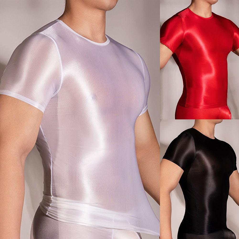 Comfortable Mens T-Shirt Male Nylon See Through Sheer Shiny