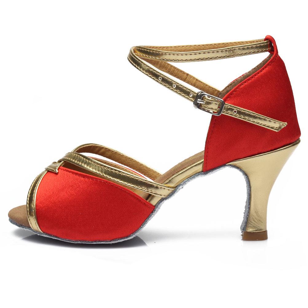 

Профессиональные женские туфли для латинских танцев для девочек, атласные туфли для танго, сальсы, бальных танцев, на каблуке 7 см 34 красный