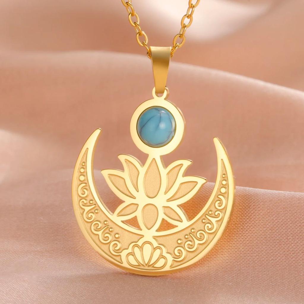 LIKGREAT Lotus Flower Necklace for Women Stainless Steel Healing Engrave Crescent Yoga Pendant Buddhism Amulet Jewelry