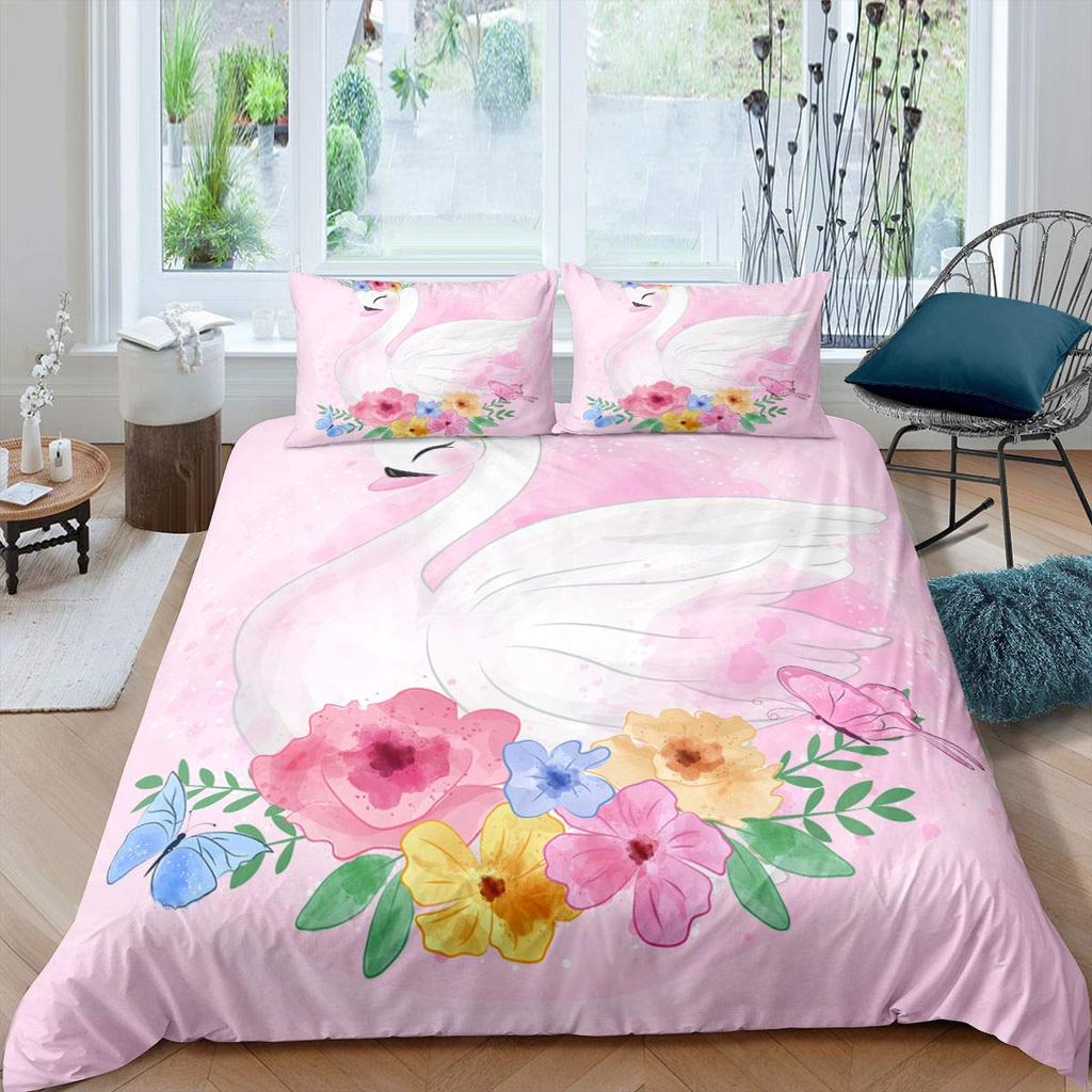 Swan Bedding Collection Romantic Flowers Duvet Cover King Birds Wildlife Quilt Cover For Couple Lady Man Wedding Festival Party Decor