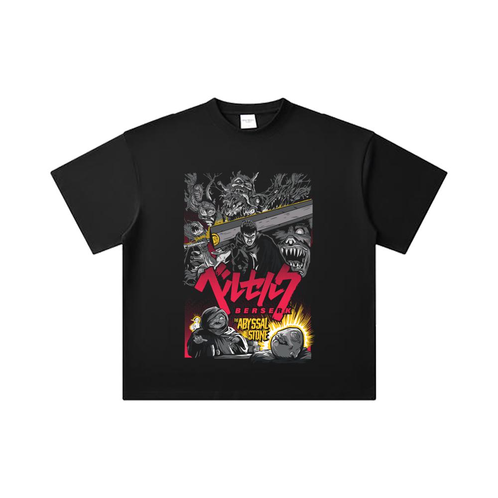 260 GSM Double Yarn 32 Count 100% Cotton Berserk V3 Abyssal Stone Print Unisex Heavy Cotton T Shirt