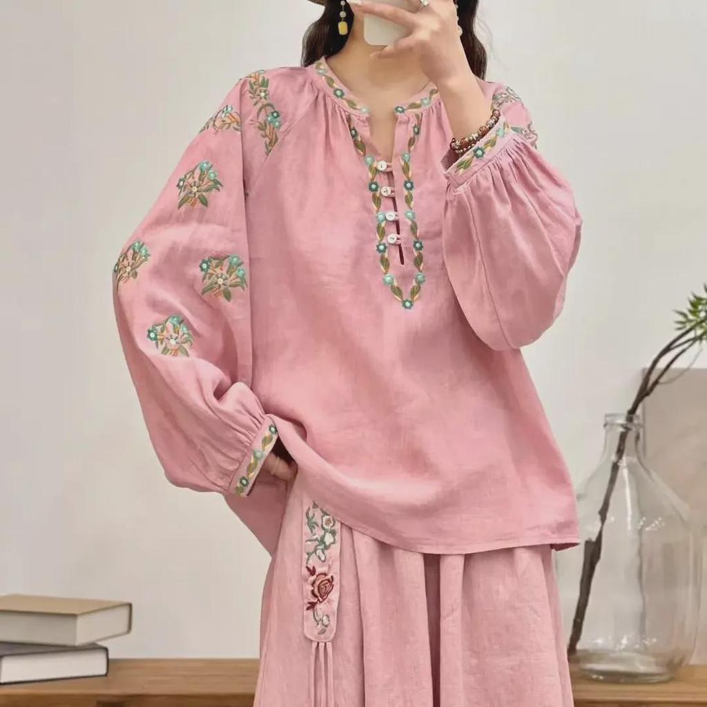 New Summer Ethnic Embroidered Long-Sleeve Cotton-Linen Shirt