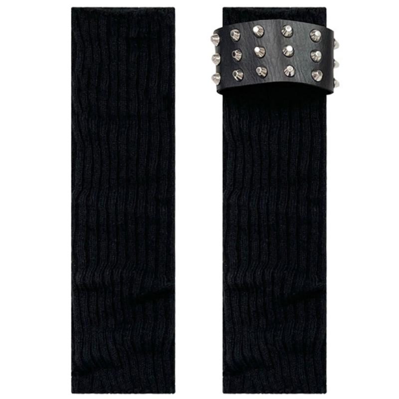 Gothic Punk Ribbed Knit Leg Warmer Sleeve with Metal Rivets Leather Belt Motorcycle Boot Covers Footless Socks for Women