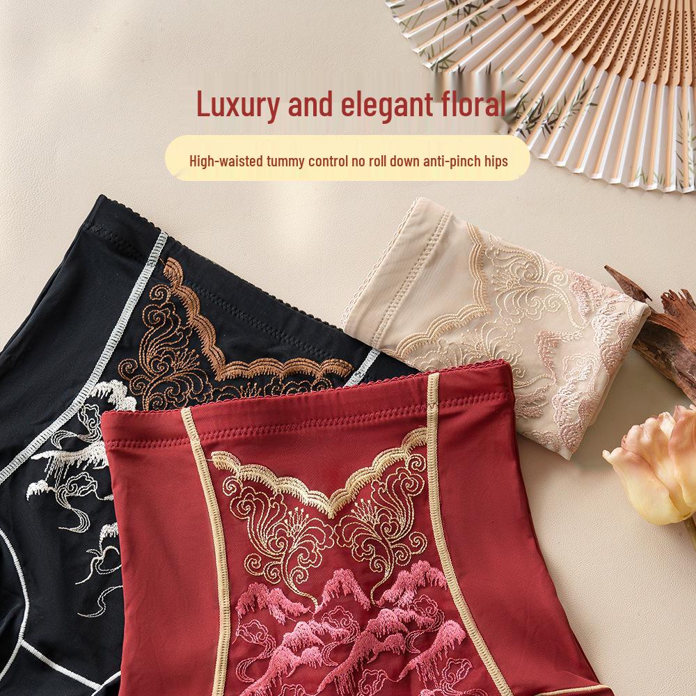 Benmingnian Chinese Embroidery High Waist Body Shaping Pants - Mulberry Silk Tummy Control and Hip Lifting Panties for Women.