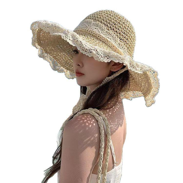 Lace-up straw hat for women, new summer seaside beach vacation sun hat, UV protection sun hat