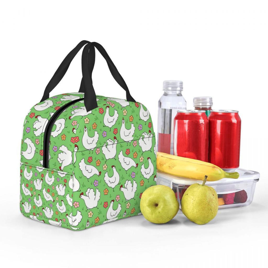 White Chickens And Floral Insulated Lunch Bag for Women Office Cooler Thermal Food Box Tote Portable Lunch Boxes Container