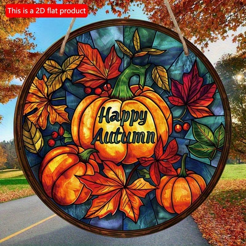 2d Flat 20*20cm, Autumn Decoration, Hello Autumn, Autumn Harvest Maple Leaves Pumpkin Wooden Circular Logo, for Home, Cafe, Bedroom, Office Wall Decor