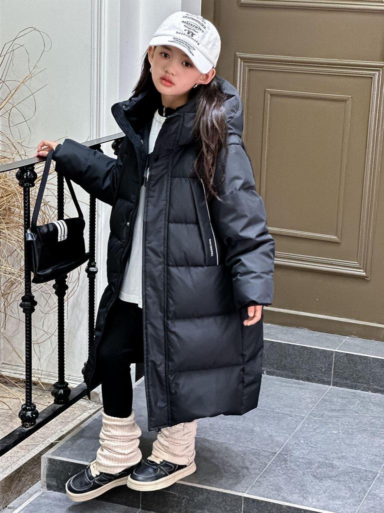 2025 Kids' Fashionable Mid-Length Hooded Down Jacket - Thickened White Duck Down for Girls