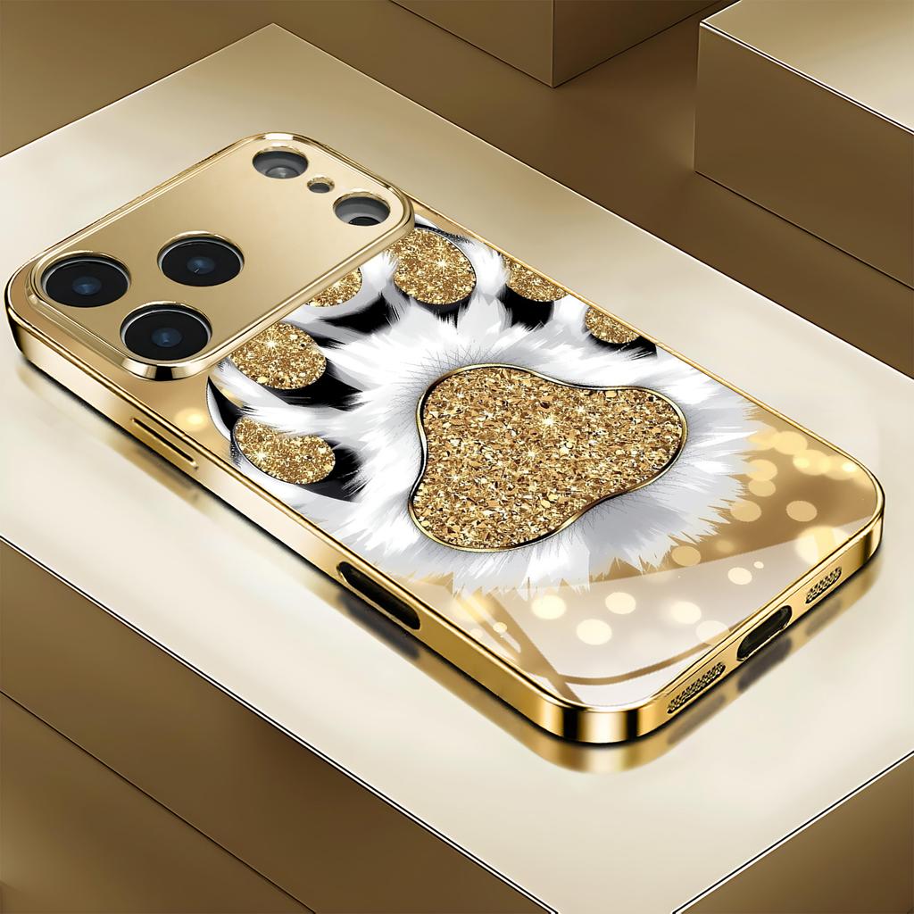 Premium galwanizowana szklana obudowa na telefon dla iPhone 17  16  15  14  13  12  11pm Pro Plus. Wysokiej jakości złoty odcisk łapy zwierzęcia.