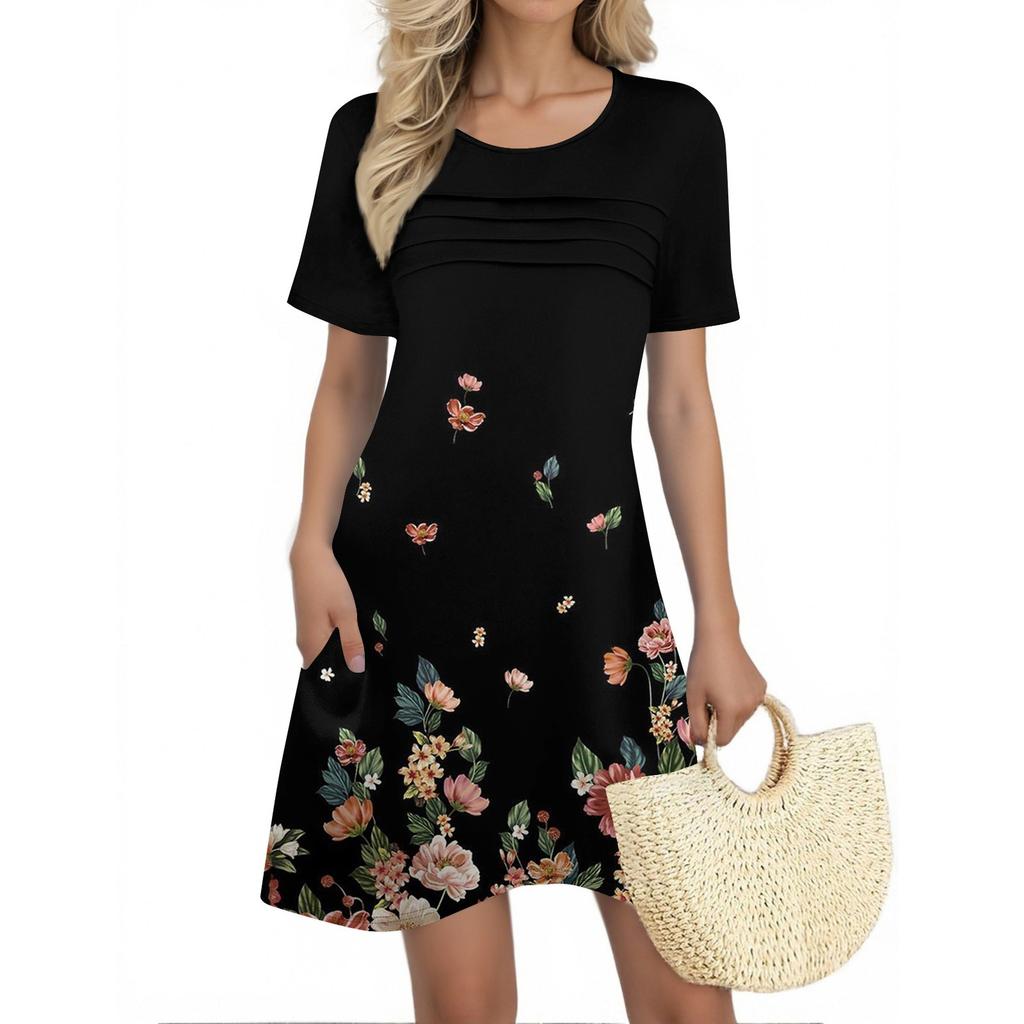 فستان صيفي نسائي كلاسيكي بطبعة زهور وأكمام قصيرة وربطة دائرية وجيب وفستان كاجوال