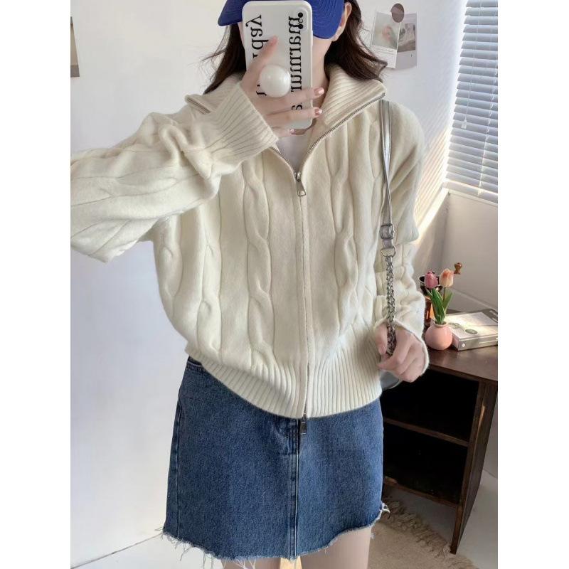 

New autumn and winter twist turtleneck stand-up collar top women s lazy style zipper loose sweater jacket knitted cardigan average size белый